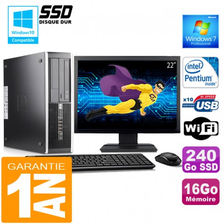 PC HP Compaq 6000 Pro SFF Intel E6300 Ram 16Go Disque 240 Go SSD Wifi Ecran 22"