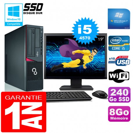 PC Fujitsu Esprimo E720 E85+ SFF I5-4570 8Go Disque 240Go SSD Wifi W7 Ecran 19"
