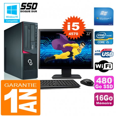 PC Fujitsu Esprimo E720 E85+ SFF I5-4570 16Go Disque 480Go SSD Wifi W7 Ecran 22"