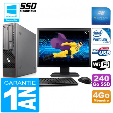 PC Fujitsu Esprimo E700 E90+ SFF G840 4Go Disque 240 Go SSD Wifi W7 Ecran 22"