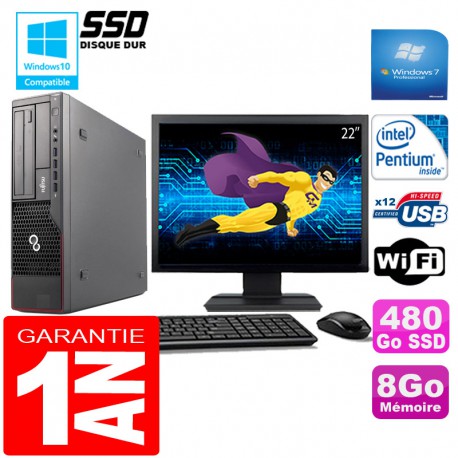 PC Fujitsu Esprimo E700 E90+ SFF G840 8Go Disque 480 Go SSD Wifi W7 Ecran 22"