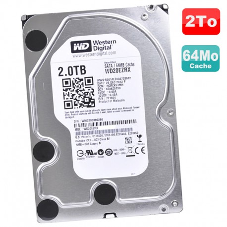 Disque Dur 2 To SATA III 3.5" WD WD20EZRX-00D8PB0 Recertified 6Gbps 5400RPM 64Mo