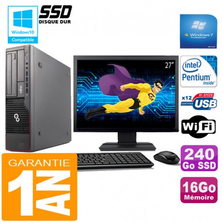 PC Fujitsu Esprimo E700 E90+ SFF G840 16Go Disque 240 Go SSD Wifi W7 Ecran 27"