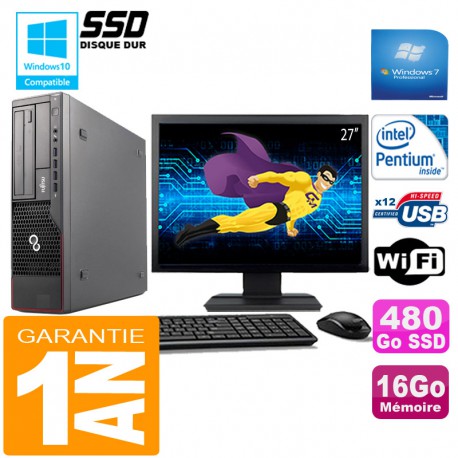 PC Fujitsu Esprimo E700 E90+ SFF G840 16Go Disque 480 Go SSD Wifi W7 Ecran 27"