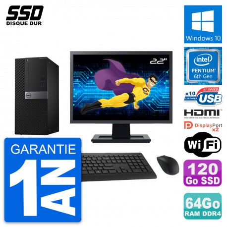 PC Tour Dell 7040 Ecran 22" Intel G4400 RAM 64Go SSD 120Go HDMI Windows 10 Wifi
