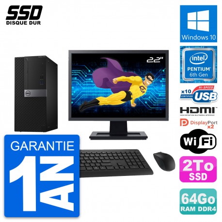 PC Tour Dell 7040 Ecran 22" Pentium G4400 RAM 64Go SSD 2To HDMI Windows 10 Wifi