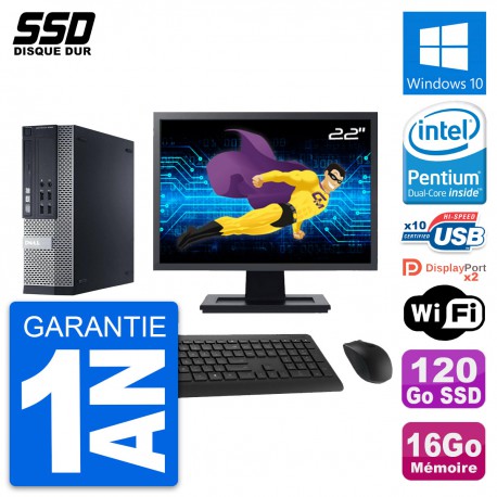 PC Dell 9020 SFF Ecran 22" Pentium G3220 RAM 16Go SSD 120Go Windows 10 Wifi