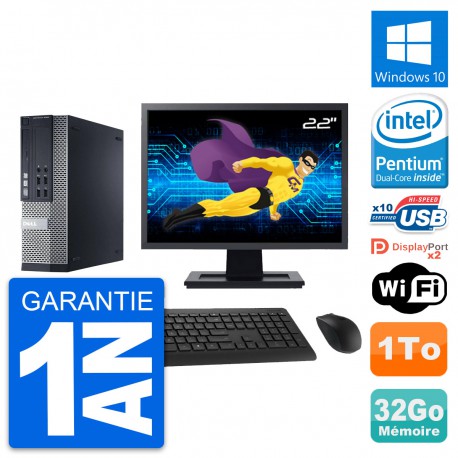 PC Dell 9020 SFF Ecran 22" Pentium G3220 RAM 32Go Disque Dur 1To Windows 10 Wifi