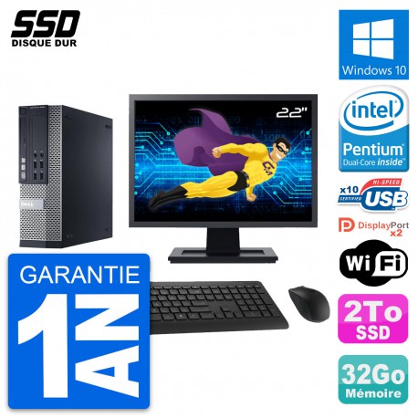 PC Dell 9020 SFF Ecran 22" Intel Pentium G3220 RAM 32Go SSD 2To Windows 10 Wifi
