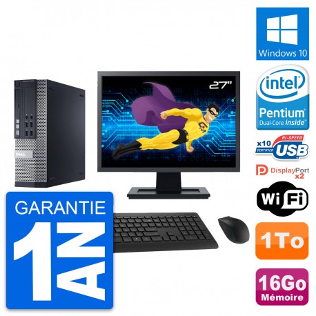 PC Dell 9020 SFF Ecran 27" Pentium G3220 RAM 16Go Disque Dur 1To Windows 10 Wifi