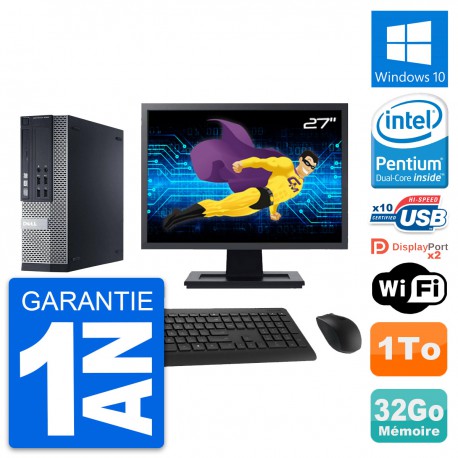 PC Dell 9020 SFF Ecran 27" Intel G3220 RAM 32Go Disque Dur 1To Windows 10 Wifi