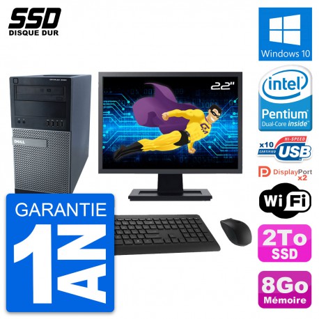 PC Tour Dell 9020 Ecran 22" Intel Pentium G3220 RAM 8Go SSD 2To Windows 10 Wifi