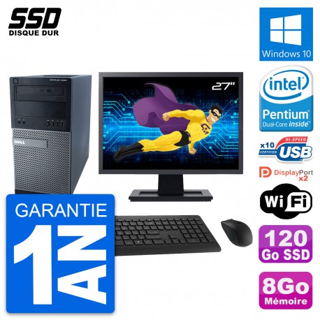 PC Tour Dell 9020 Ecran 27" Pentium G3220 RAM 8Go SSD 120Go Windows 10 Wifi