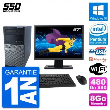 PC Tour Dell 9020 Ecran 27" Pentium G3220 RAM 8Go SSD 480Go Windows 10 Wifi