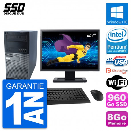 PC Tour Dell 9020 Ecran 27" Pentium G3220 RAM 8Go SSD 960Go Windows 10 Wifi