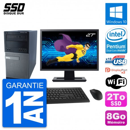 PC Tour Dell 9020 Ecran 27" Intel Pentium G3220 RAM 8Go SSD 2To Windows 10 Wifi