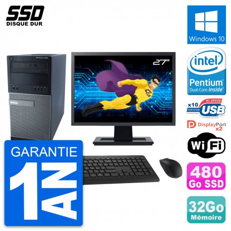 PC Tour Dell 9020 Ecran 27" Pentium G3220 RAM 32Go SSD 480Go Windows 10 Wifi