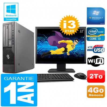 PC Fujitsu Esprimo E700 E90+ SFF Core I3-2120 4Go Disque 2 To Wifi W7 Ecran 22"