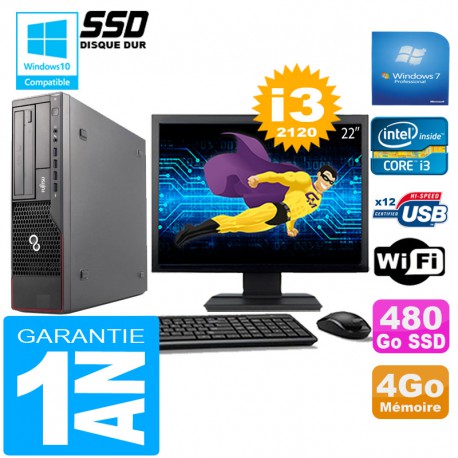 PC Fujitsu Esprimo E700 E90+ SFF I3-2120 4Go Disque 480 Go SSD Wifi W7 Ecran 22"