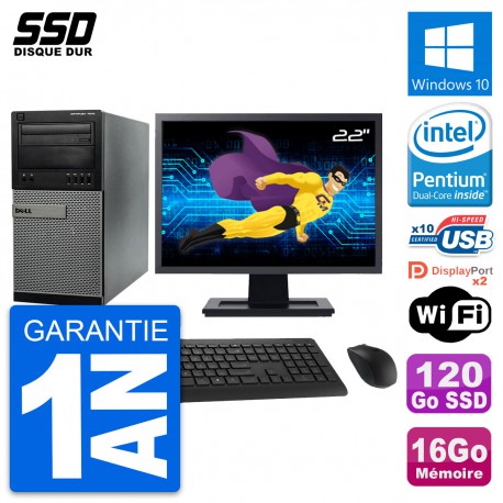 PC Tour Dell 7010 Ecran 22" Intel G2020 RAM 16Go SSD 120Go Windows 10 Wifi