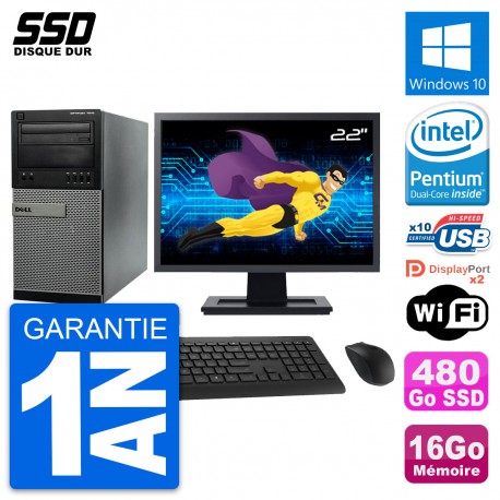 PC Tour Dell 7010 Ecran 22" Intel G2020 RAM 16Go SSD 480Go Windows 10 Wifi