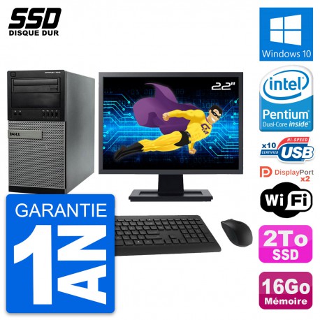 PC Tour Dell 7010 Ecran 22" Intel Pentium G2020 RAM 16Go SSD 2To Windows 10 Wifi