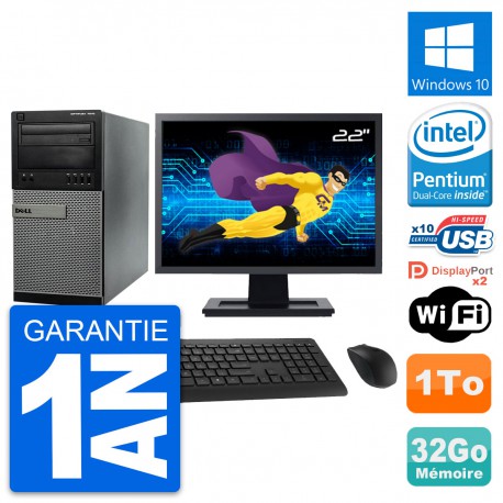 PC Tour Dell 7010 Ecran 22" Intel G2020 RAM 32Go Disque Dur 1To Windows 10 Wifi