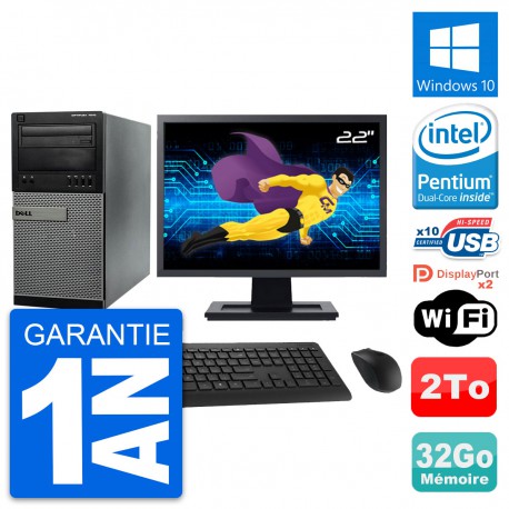 PC Tour Dell 7010 Ecran 22" Intel G2020 RAM 32Go Disque Dur 2To Windows 10 Wifi