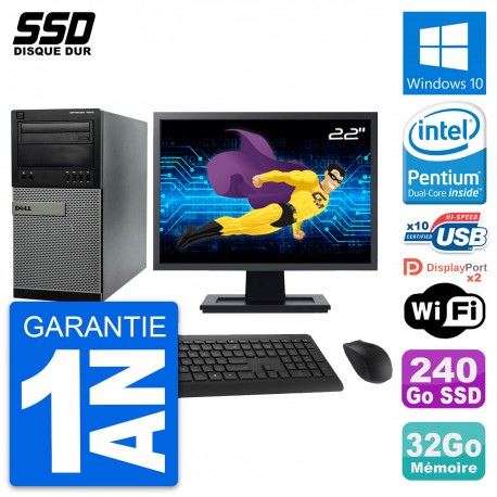 PC Tour Dell 7010 Ecran 22" Pentium G2020 RAM 32Go SSD 240Go Windows 10 Wifi