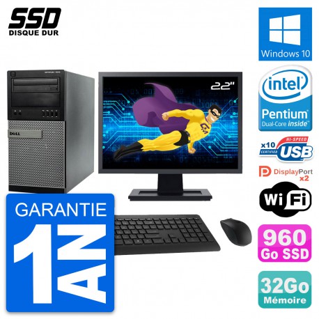 PC Tour Dell 7010 Ecran 22" Pentium G2020 RAM 32Go SSD 960Go Windows 10 Wifi