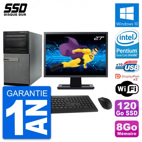 PC Tour Dell 7010 Ecran 27" Pentium G2020 RAM 8Go SSD 120Go Windows 10 Wifi