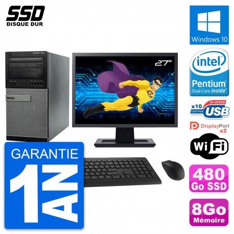 PC Tour Dell 7010 Ecran 27" Pentium G2020 RAM 8Go SSD 480Go Windows 10 Wifi