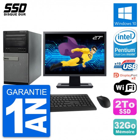 PC Tour Dell 7010 Ecran 27" Intel Pentium G2020 RAM 32Go SSD 2To Windows 10 Wifi
