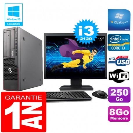 PC Fujitsu Esprimo E700 E90+ SFF Core I3-2120 8Go Disque 250Go Wifi W7 Ecran 19"