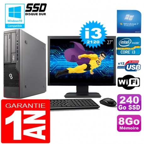 PC Fujitsu Esprimo E700 E90+ SFF I3-2120 8Go Disque 240 Go SSD Wifi W7 Ecran 27"