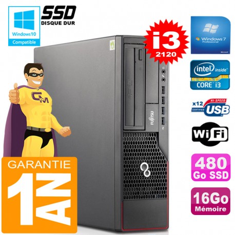 PC Fujitsu Esprimo E700 E90+ SFF Core I3-2120 RAM 16Go Disque 480 Go SSD Wifi W7