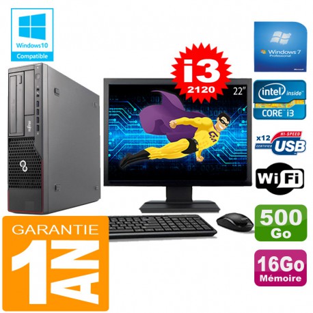 PC Fujitsu Esprimo E700 E90+ SFF I3-2120 16Go Disque 500Go Wifi W7 Ecran 22"