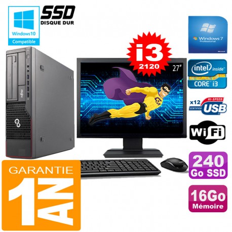 PC Fujitsu Esprimo E700 E90+ SFF I3-2120 16Go Disque 240Go SSD Wifi W7 Ecran 27"
