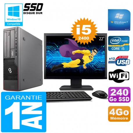 PC Fujitsu Esprimo E700 E90+ SFF I5-2400 4Go Disque 240 Go SSD Wifi W7 Ecran 22"