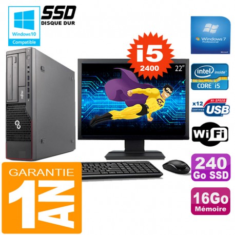 PC Fujitsu Esprimo E700 E90+ SFF I5-2400 16Go Disque 240Go SSD Wifi W7 Ecran 22"