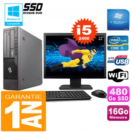 PC Fujitsu Esprimo E700 E90+ SFF I5-2400 16Go Disque 480Go SSD Wifi W7 Ecran 22"