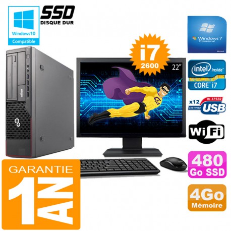 PC Fujitsu Esprimo E700 E90+ SFF I7-2600 4Go Disque 480 Go SSD Wifi W7 Ecran 22"
