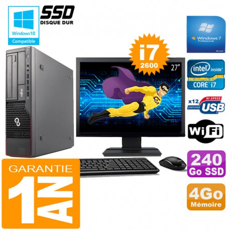 PC Fujitsu Esprimo E700 E90+ SFF I7-2600 4Go Disque 240 Go SSD Wifi W7 Ecran 27"