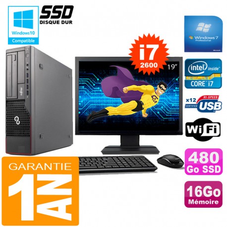 PC Fujitsu Esprimo E700 E90+ SFF I7-2600 16Go Disque 480Go SSD Wifi W7 Ecran 19"