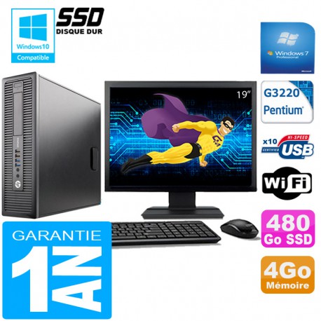 PC HP EliteDesk 800 G1 SFF Intel G3220 4 Go Disque 480 Go SSD Wifi W7 Ecran 19"