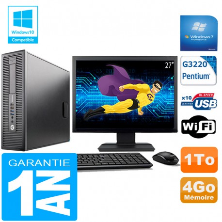 PC HP EliteDesk 800 G1 SFF Intel G3220 4 Go Disque 1 To Wifi W7 Ecran 27"