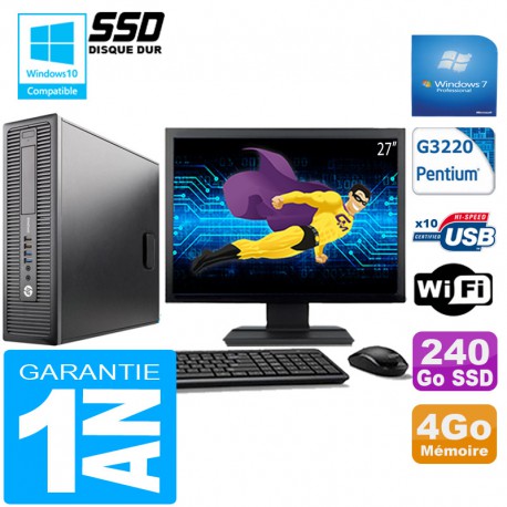 PC HP EliteDesk 800 G1 SFF Intel G3220 4 Go Disque 240 Go SSD Wifi W7 Ecran 27"