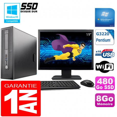 PC HP EliteDesk 800 G1 SFF Intel G3220 8Go Disque 480 Go SSD Wifi W7 Ecran 19"