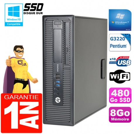 PC HP EliteDesk 800 G1 SFF Intel G3220 8Go Disque 480 Go SSD Graveur DVD Wifi W7