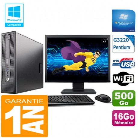 PC HP EliteDesk 800 G1 SFF Intel G3220 16Go Disque 500 Go Wifi W7 Ecran 27"
